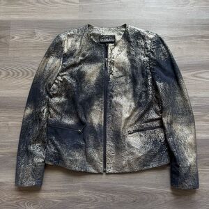 Overland Rene Suede Lambskin Leather Jacket Womens Size Large Navy Gold Abstract